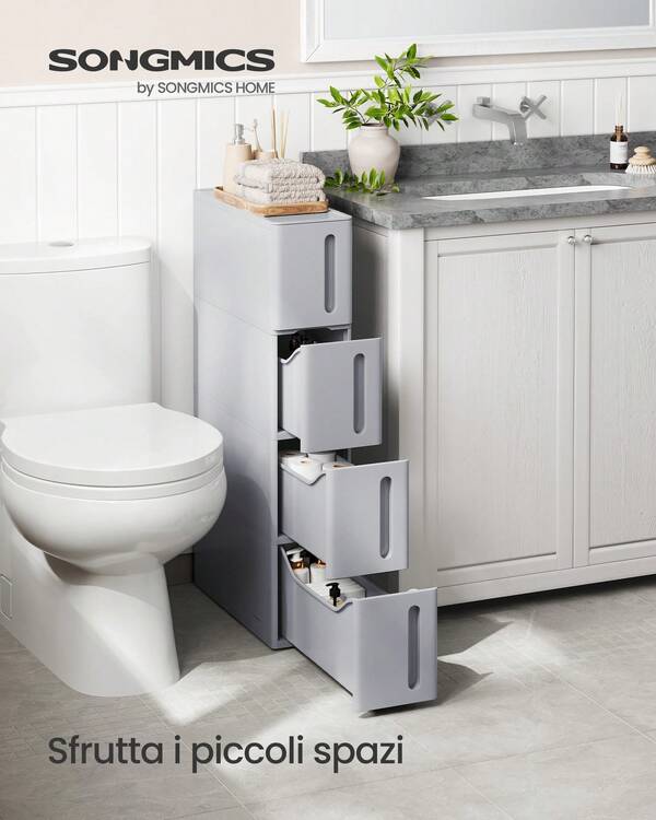 SONGMICS Carrello Stretto a 4 Cassetti, Carrellino, Larghezza 17,3 cm, Carrello da Bagno Cucina, Plastica PP, Compatto, 45,2 x 17,3 x 84 cm, Grigio