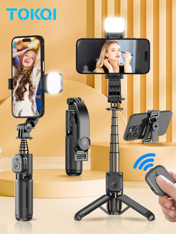 TOKQI 3-In-1 MINI Selfie Stick Tripod With Fill Light & Wireless Remote - Pocket Size, Extendable Phone Mount For Vlog/Live Streaming, Universal Compatible With Iphone Android Smartphones Compatible With Iphone Android Phone For Summer Vacation, Travel, Fill Light, Outdoor Activities, Live Streaming Vlogging Equipment