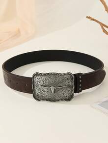 1 Wide Belt For Women Cross 3.8cm Wide Retro Style Animal Cow Head Oval Western Buckle For Women Black Waistband For Women - Nhiều màu - Xem 5