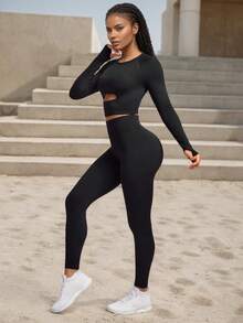 2 Pieces Women's Elegant Solid Color Long Sleeve Top And Leggings Set, Autumn