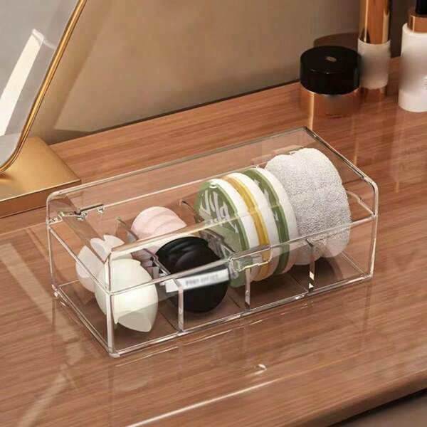 1 pièce Porte-pinceau de maquillage en acrylique, boîte de rangement pour éponges de maquillage avec compartiments, convient pour ranger les colliers, élastiques, pinces à cheveux, élastiques à cheveux, boîte à bijoux de bureau, organisateur de câbles, petites cartes et autres accessoires