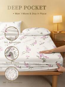 1 件粉色花束图案床笠，少女风格，高端，时尚优雅床垫保护套，爱情人节床垫罩，床单，柔软透气，适合所有尺寸的床 - 单人床、双人床、特大号床、大号床单，深口袋家纺。开学季，宿舍床