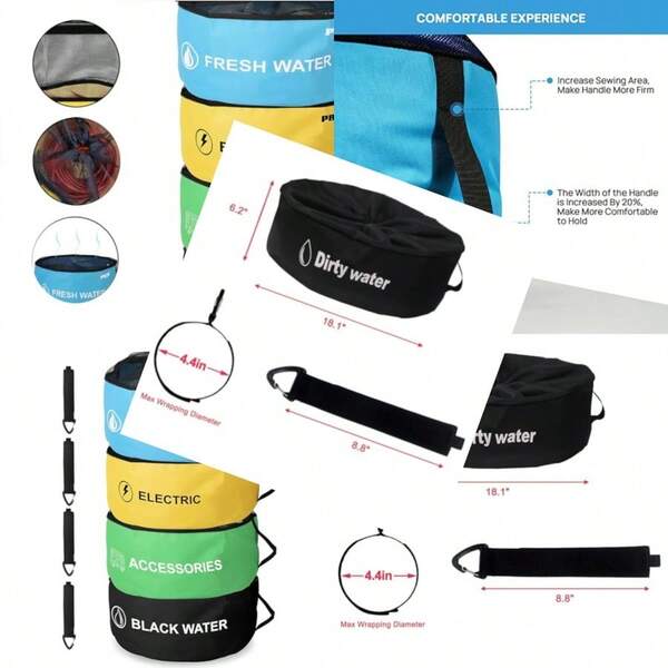 4 Pack RV Accessories Storage Bags With Identification Tags4 Colors Waterproof Camper Accessories For Sewer Hoses Fresh Black Water Hoses And Electrical Cords