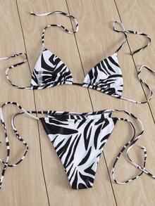 夏季性感斑马纹系带吊带沙滩度假比基尼套装 - 彩色 - 查看 2