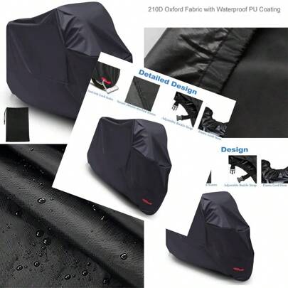 Motorcycle Cover Waterproof Outdoor Motorbike Scooter Cover Water Dust UV Protective For Outside Storage Indoor Scooter Covers With Lock Holes PU Coating Elastic Hems And Wind Buckle Black (XL 97*41*49in 245*105*125cm)