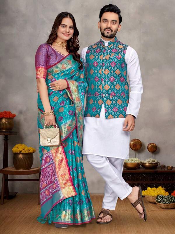 Estationeryhouse Couples Combo Set, Silk Saree With Unstitched Blouse, White Cotton Kurta Pyjama, Silk Waist Coat