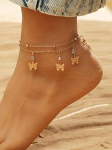 1pc Fashionable Vintage Butterfly Rhinestone Anklet - Multifunctional Metal Curb Chain With Tassel, Suitable For Beach & Casual Decoration