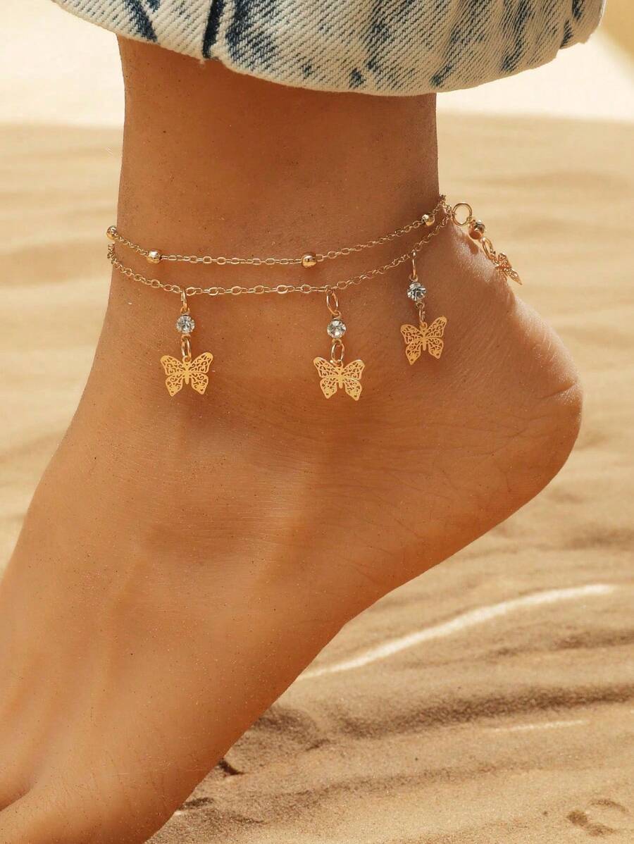 1pc Fashionable Vintage Butterfly Rhinestone Anklet - Multifunctional Metal Curb Chain With Tassel, Suitable For Beach & Casual Decoration