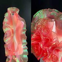 2 Yards Mermaid Gradient Organza Fabric With Ruched Edges, 3D Pleated Large Floral Decorative Material - Coral Red - View 4