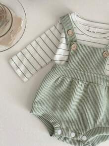 2pcs/Set Newborn Baby Boys/Girls Cute Waffle Bodysuit & Striped Long Sleeve T-Shirt Set, Spring/Autumn - Green - View 8