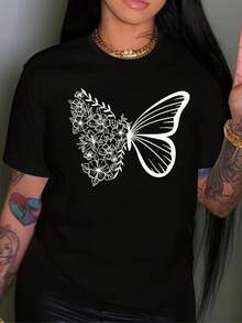 Mujer Camiseta de mujer México Envío Tela transpirable de alta calidad  Estampado de  Lavado a máquina Fresco Deportes Cuello redondo Casual Manga corta Versátil Nueva Era  Lavable a máquina, top casual de cuello redondo de deportes de trabajo estudiantil, moda cómoda y moderna |vestidos de mujer verano almacen localCamiseta negra con un hermoso diseño de mariposa y flores blancas, ideal para un look casual y elegante - Negro - Ver 1