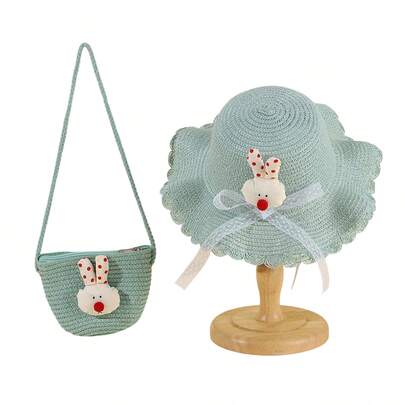 Girls Wavy Brim Straw Sun Hat And Small Crossbody Straw Bag Set Summer Vacation Accessories