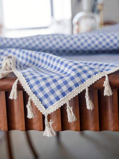 MeijiaMo 1pc Blue & White Plaid Printed Rectangular Tablecloth, Rustic & Fresh Farmhouse Style For Dining Table, Kitchen, Hotel, Bedroom, Living Room, Party & Holiday Decor, With Handmade Beige Tassel