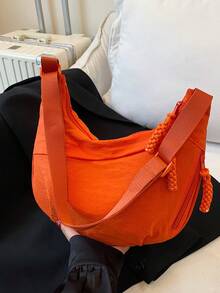 Tas Bahu Tahan Air Nilon Warna Polos yang Modis, Gaya Kasual Minimalis untuk Mahasiswa, Tas Selempang dengan Tali Lebar dan Desain Ritsleting Ganda, Cocok untuk Pelajar, Belanja, dan Penggunaan Sehari-hari - Jeruk - View 3
