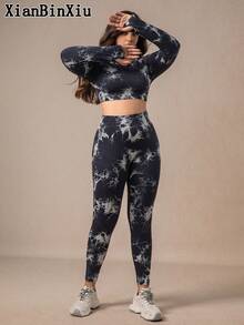 XianBinXiu 1 套扎染瑜伽裤和紧身舒适健身上衣，加大码女式运动套装，适合健身和跑步 - 彩色 - 查看 4