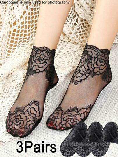 1 par/3 pares de calcetines de tobillo de mujer con adorno de encaje y diseño de plumas, calcetines transparentes y transpirables de unicolor con encaje calado como regalo de Navidad