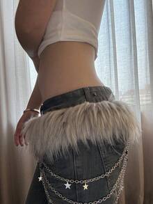 1pc Tie-Dye Gray Star Sexy Street Vintage Party PU (Leather) Fuzzy Waist Belt, High-End Gray & White Color With Star Chain, Versatile For Pants, Suitable For Dance, Spring/Summer/Autumn/Winter, Y2K Baddie Style Fall, Autumn, Halloween - Multicolor - View 3