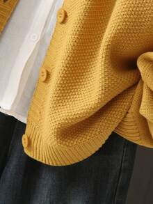 Plus Size Casual Solid Color Round Neck Long Sleeve Cardigan, Autumn/Winter - Yellow - View 6