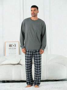 2pcs Men's Plus Size Casual Loose Minimalist Pullover Sweatshirt With Pockets & Plaid Lounge Pants Pajama Set, Suitable For Spring, Autumn, Winter, Valentine's Day Gift
