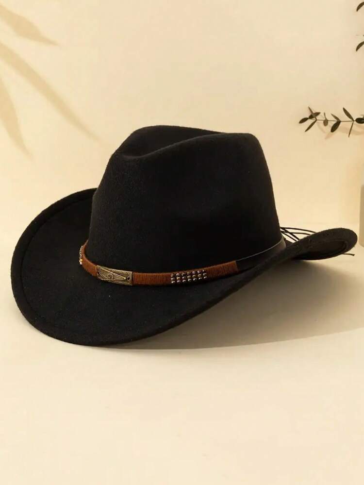 1 件男女通用西部牛仔毡帽，配有编织和黄铜可拆卸配件 - 多种颜色可选，可机洗，适合户外、派对、英伦风格、送礼、派对配饰，一款百搭时尚的帽子 - 編帶鉚釘禮帽 - 查看 10