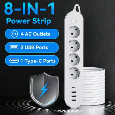 4 ช่องเสียบปลั๊กไฟ AC, 3 ช่องเสียบ USB, 1 ช่องเสียบ Type-C พร้อมสายไฟพ่วง 5 ฟุต/10 ฟุต/15 ฟุต และระบบป้องกันไฟกระชาก เหมาะสำหรับใช้ในครัว, หอพัก, สำนักงาน, โรงรถ และใช้ในบ้าน