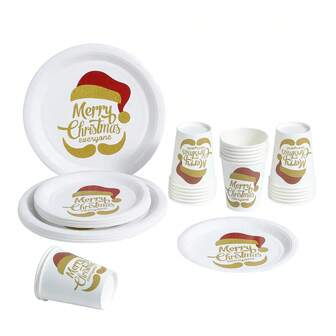 60pcs/Set Cute Christmas Hat Themed Tableware, Christmas Party Dinnerware Set, 9"/7" Paper Plates & Dessert Plates, Beverage Cups, Coffee Cups And Napkins
