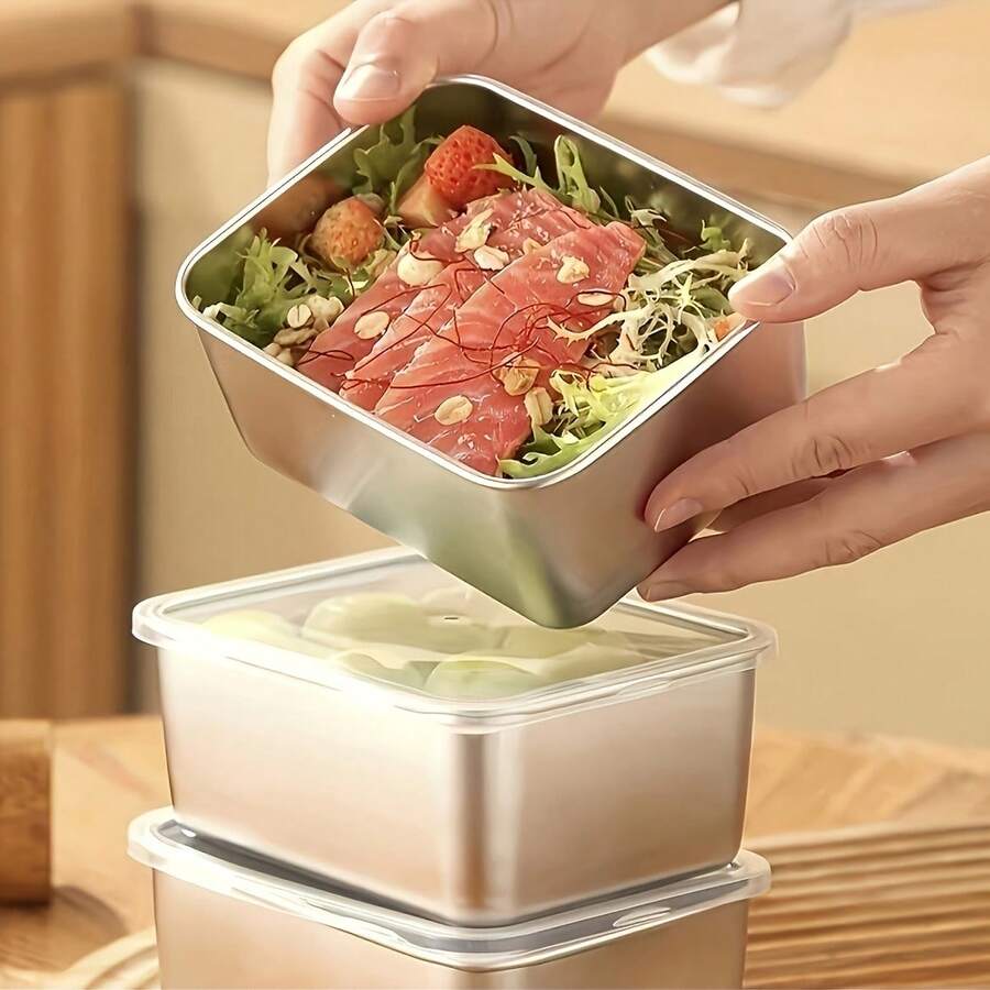 Stainless Steel Food Storage Container With Lid, Refrigerator Storage Box, Cold Storage Packaging Box, Decorative Outdoor Picnic Food Storage Box, Metal Pickled Snack Container, Dishwasher And Freezer