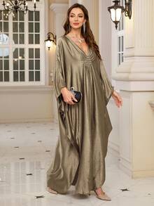 Elegant Women's Champagne Satin Kaftan Dress, Batwing Sleeve Casual Loungewear Spring - Rượu sâm banh - Xem 6