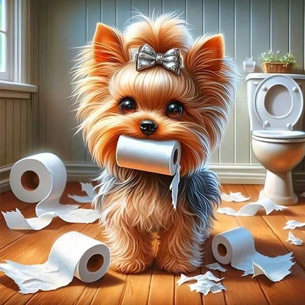 Pintura de diamantes de arte de papel higiénico con cachorro, patrón de punto de cruz de perro Yorkshire Terrier lindo, animal, decoración del hogar hecha a mano con mosaico