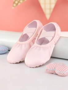 儿童公主芭蕾舞鞋，女童室内软底舞蹈鞋，瑜伽鞋，练习鞋，平底拖鞋，缎面面料 - 粉色 - 查看 2