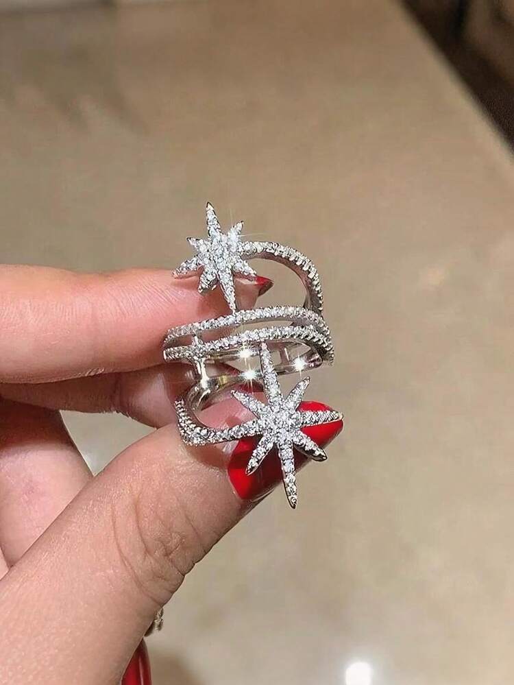 1 件女士白色流星形双层戒指，交叉流星设计，镶嵌方晶锆石，耀眼夺目，适合欧美时尚、日常穿着和派对造型 - 白色 - 查看 4