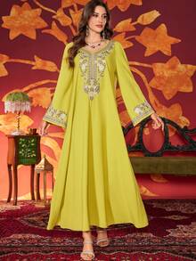 Women's Sweetheart Neck Heavily Embroidered & Beaded Elegant Arabic Style Dress - Yellow - View 3