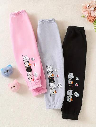 3件套女童舒适保暖裤，动物纹印花，柔软针织面料，加绒内衬，适合秋冬季节，粉色、灰色和黑色可选，略带弹性，可机洗，涤纶混纺，适合12岁及以下女童，休闲慢跑裤，常规版型，全长