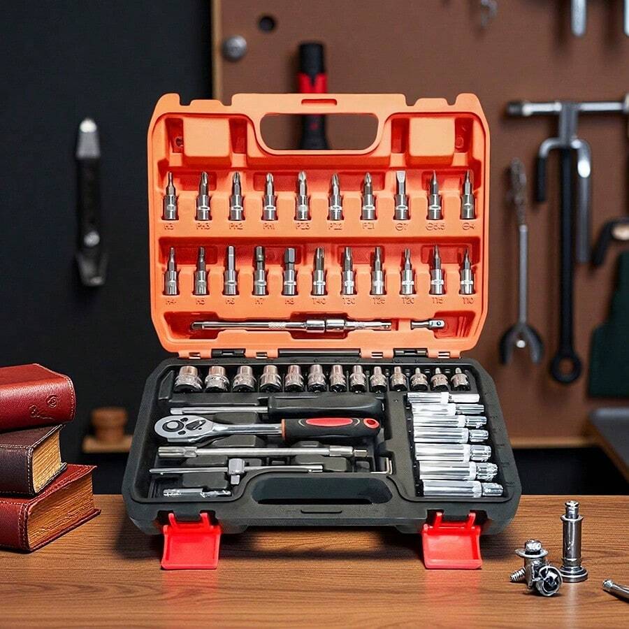 Juego de 53 Piezas de Caja de Herramientas Reparación de Auto Llave de Trinquete Juego Combinado 1/4 Pequeña Mosca Hexágono Torx Herramienta Rotativa