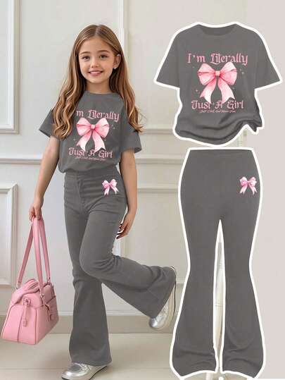 Tween Girl Casual Bow Graphic Short Sleeve Loose T-Shirt And Flare Pants Elegant Girl Outfit, Back To School/School Clothes