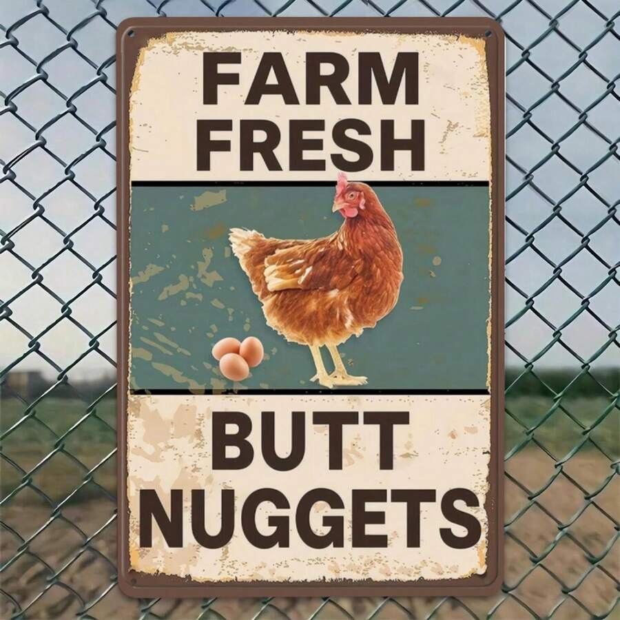 Farm Fresh Butt Nuggets Tin Metal Sign Funny Chicken Sign Home Kitchen Farm Decor Vintage Rooster Decor Chicken Lovers Farmhouse Decor Hen House Novelty Gift Farmers Chicken Keepers Iron Artwork Tinplate Decor - 彩色 - 查看 1