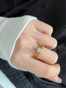 Pair Of 3mm Beveled Wedding Rings, 18k Gold Plated, 925 Silver Solitaire - 金色 - 查看 2