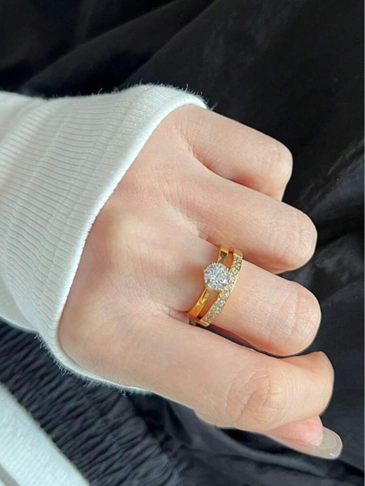Pair Of 3mm Beveled Wedding Rings, 18k Gold Plated, 925 Silver Solitaire - 金色 - 查看 2