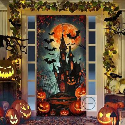 1 pieza funda elástica puerta de Halloween tela leche seda ideal para puerta 210x100 cm diseño novia y novio esqueleto aterrador con rosa ambiente espeluznante adecuada para decorar puertas de dormitorio cocina baño sala interior exterior Halloween fiestas temáticas días festivos