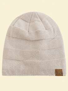 JZML 1pc Unisex Letter Label Decor Plush Lined Slouchy Beanie - Beige - View 2