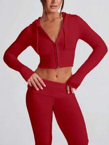 1 件女士时尚性感纯色连帽短款开衫 - 紅色 - 查看 3