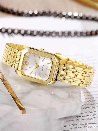 6pcs Teenage Simulation Wristwatch Set, Gold Strap Luxurious Style, Stainless Steel Scaled Quartz Watch With Hollow Gold Necklace, Bracelet, Ring, Earrings Jewelry Set, Rectangular Case, Best Birthday Gift For Her, Suitable For Daily, Party, Valentine's Day