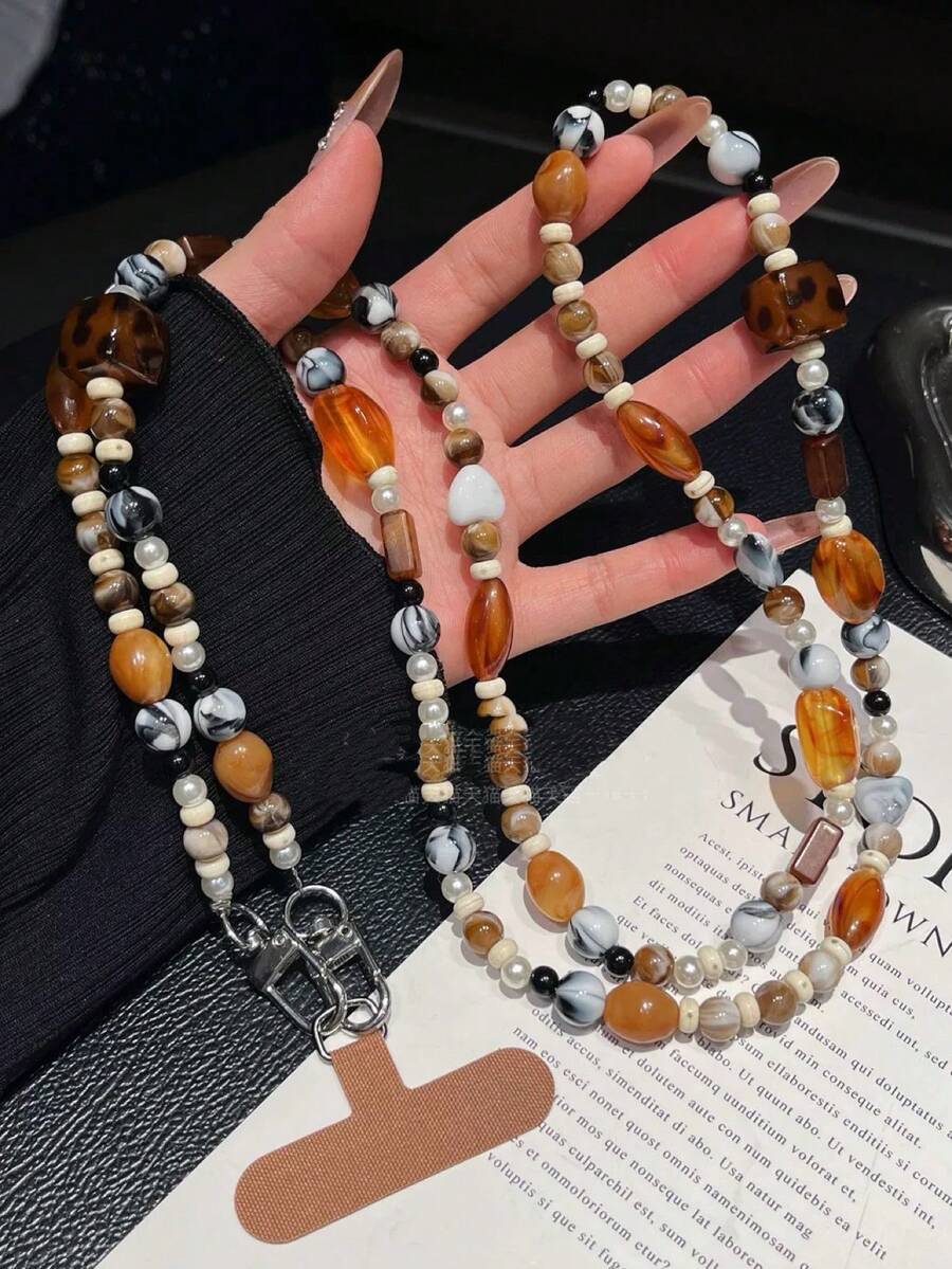 Tali Gantungan Ponsel Manik-Manik Amber Buatan Tangan, Tali Tas Selempang, Rantai Vintage Motif Leopard Gradien Blok, Gelang Tangan, Stiker untuk Casing Ponsel - Rust Brown - View 1