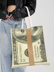 1 pieza, Bolso de tela vintage con impresión de billetes de $100 a doble cara, bolso de lona con tema de dólar de moda, bolso de playa, estilo bohemio y académico, adecuado para el hogar, compras, viajes, escuela, regalos, 16in*14in