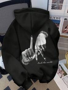 Sudadera con capucha negra casual para mujeres con gráfico de gesto de mano "OK" - Sudadera con capucha de poliéster cómoda, lavable a máquina, perfecta para otoño e invierno, sudadera de moda de otoño|Ropa Casual Elegante|Sudadera de poliéster, suéter con capucha - Negro - Ver 2