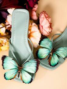 2026款花卉蝴蝶装饰透气镂空舒适平底凉鞋，适合夏季、秋季、冬季穿着，百搭，可用于婚礼、派对、休闲、海滩、浪漫约会、度假等场合。 - 綠色 - 查看 2