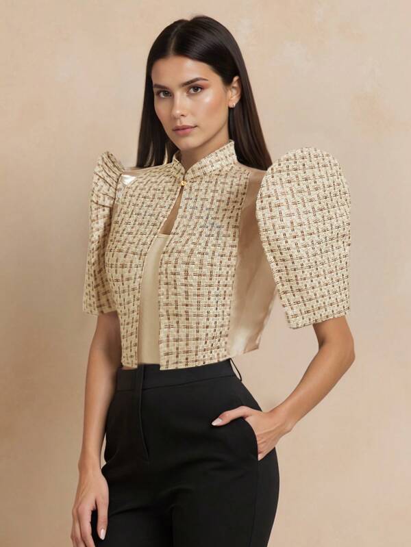 Amyenjoylife Modern Filipiniana Women's Simple And Elegant Bubble Sleeve Short Sleeved Shirt Bolero Filipiniana For Women