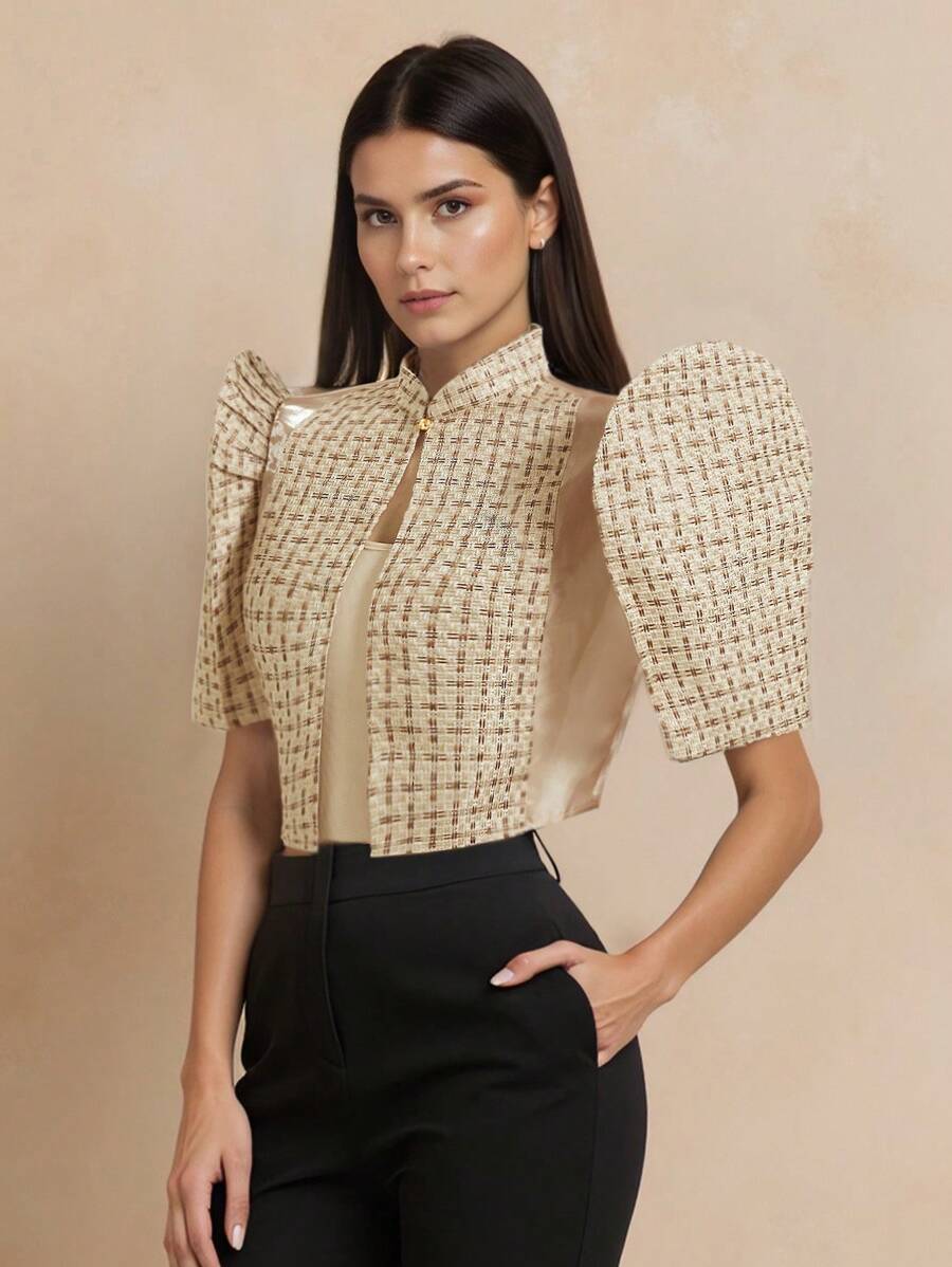 AmyenjoylifeModern 菲律宾传统上衣，蝴蝶袖菲律宾传统上衣，女士简约优雅泡泡袖短袖衬衫，女士菲律宾传统披肩，菲律宾风情上衣，香槟色上衣