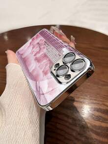 1pc Fashionable Minimalist Cloud & Architecture Pattern Tempered Glass Material With Lens Film, Electroplated Anti-Fall Scratch-Resistant Anti-Fingerprint TPU Soft Protective Phone Case Compatible With Apple Models - Multicolor - View 4