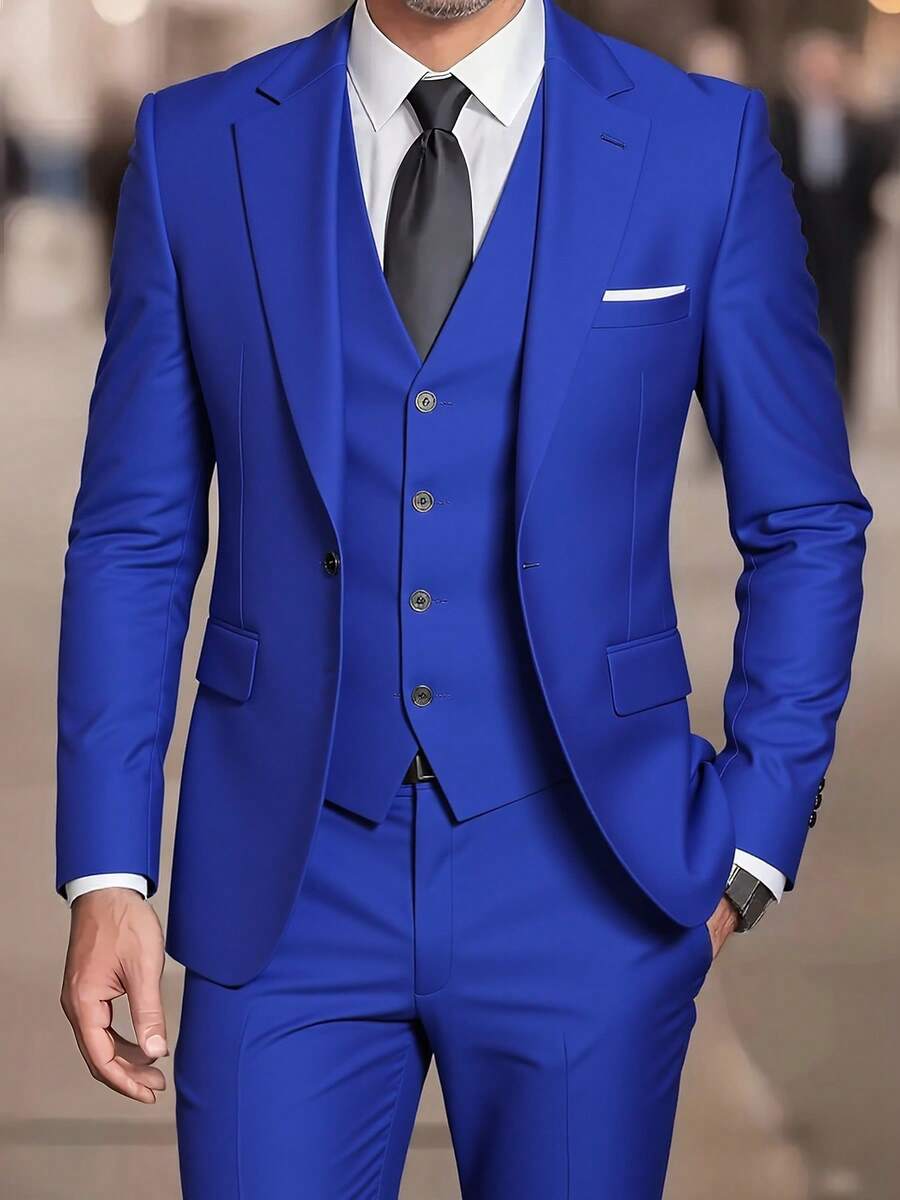 3pcs Men Business Suit Set, Including Jacket, Vest And Trousers, Slim Fit Stretchy Solid Color Work Formal Wear - Royal Blue - View 1